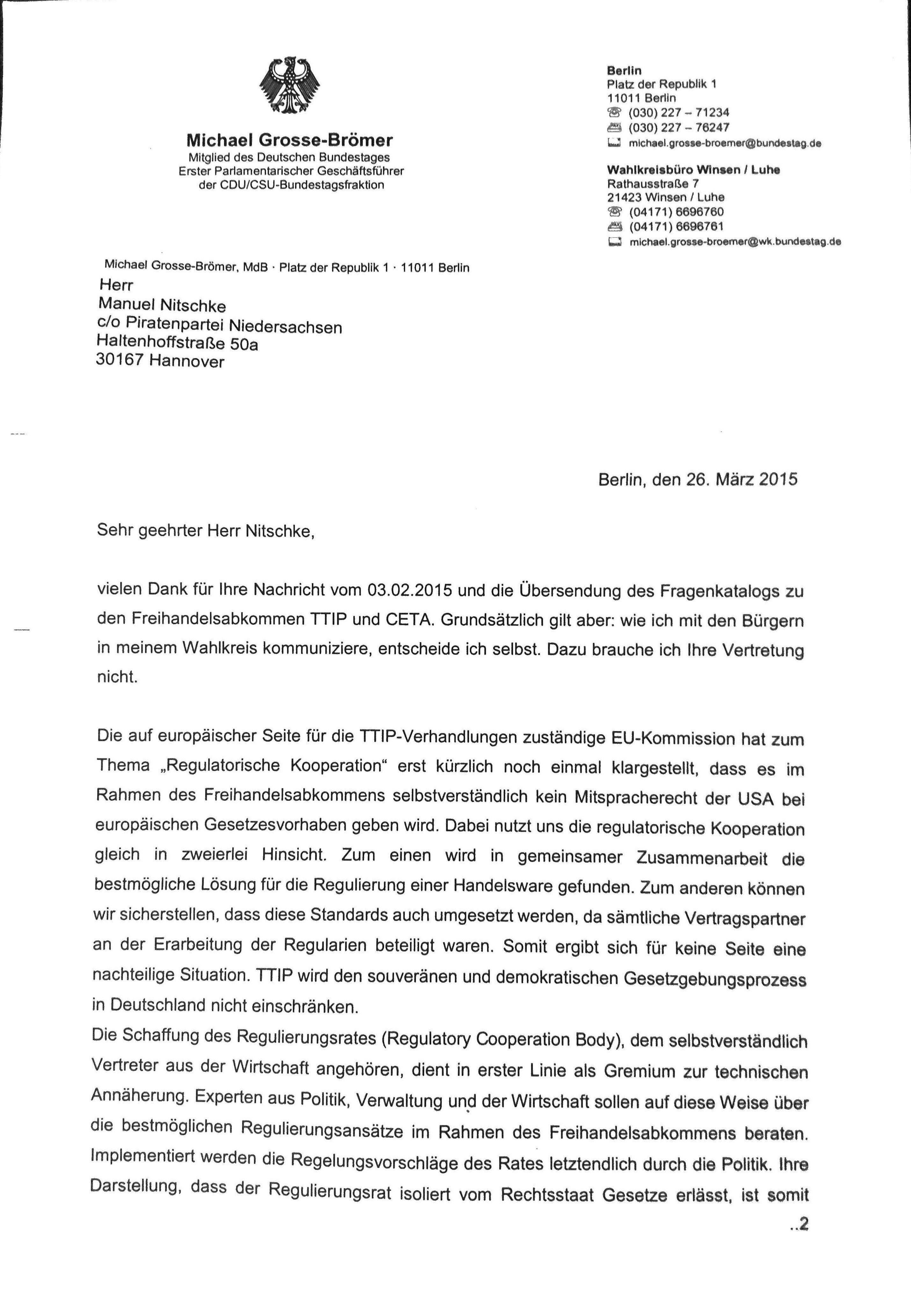 Antwort an die Piratenpartei zu TTIP vom Mitglied des Deutschen Bundestages CDU/CSU